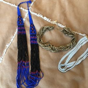 Necklace gold braided, blue beaded, white eclectic